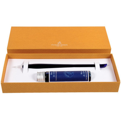 Jacques Herbin Prestige blue glasspen and 15ml Bleu de minuit ink tube set - 20012JT